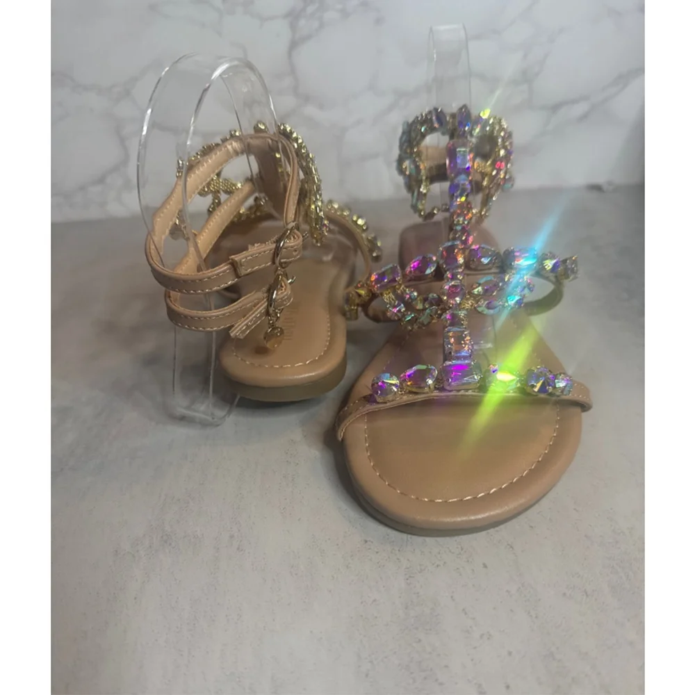 Women's Thalia Sodi Beige Iridescent Embellished Flat Sandals Size 6